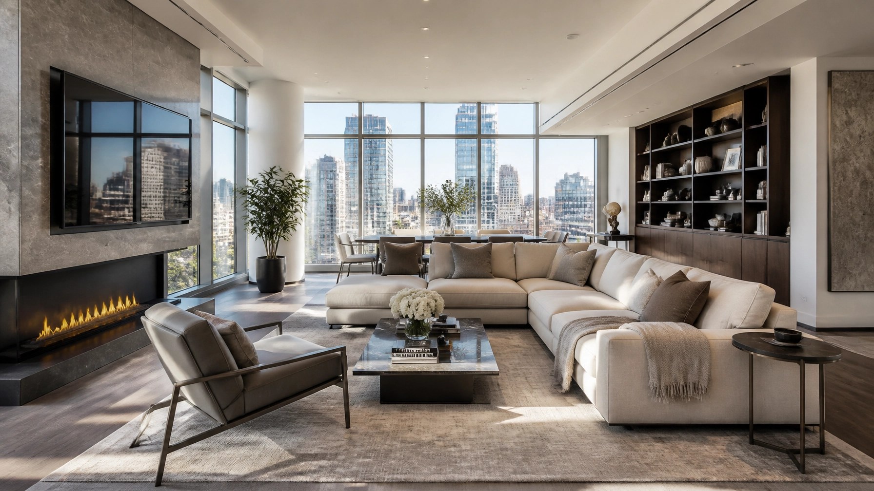 Sophisticated modern luxury living room with floor-to-ceiling windows and clean architectural lines