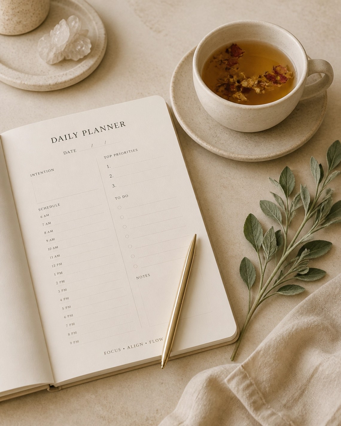 Minimalist desk setup with a daily planner and a sprig of misty sage