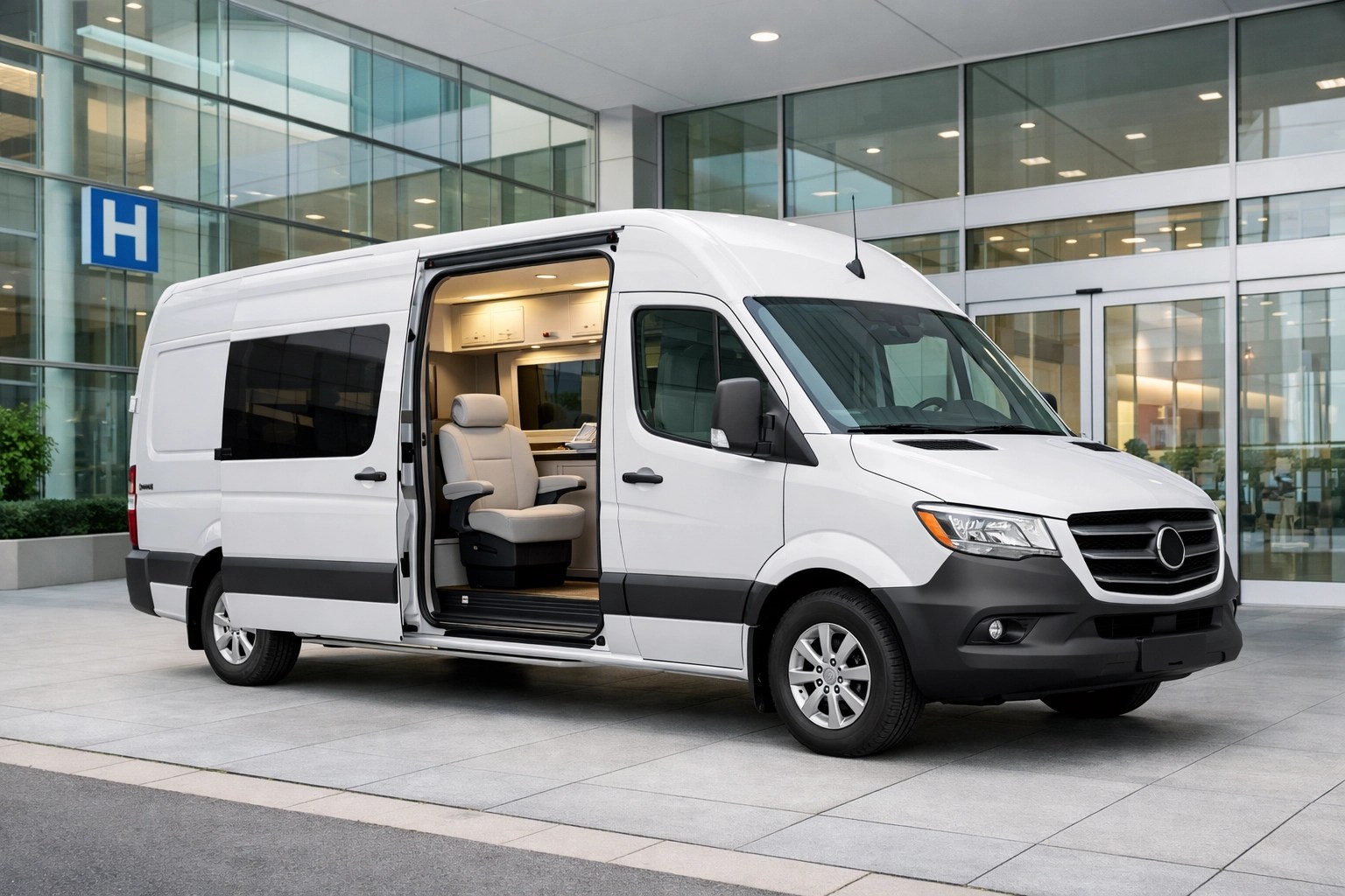 Spacious white medical transport van with an open door parked in front of a modern healthcare facility.