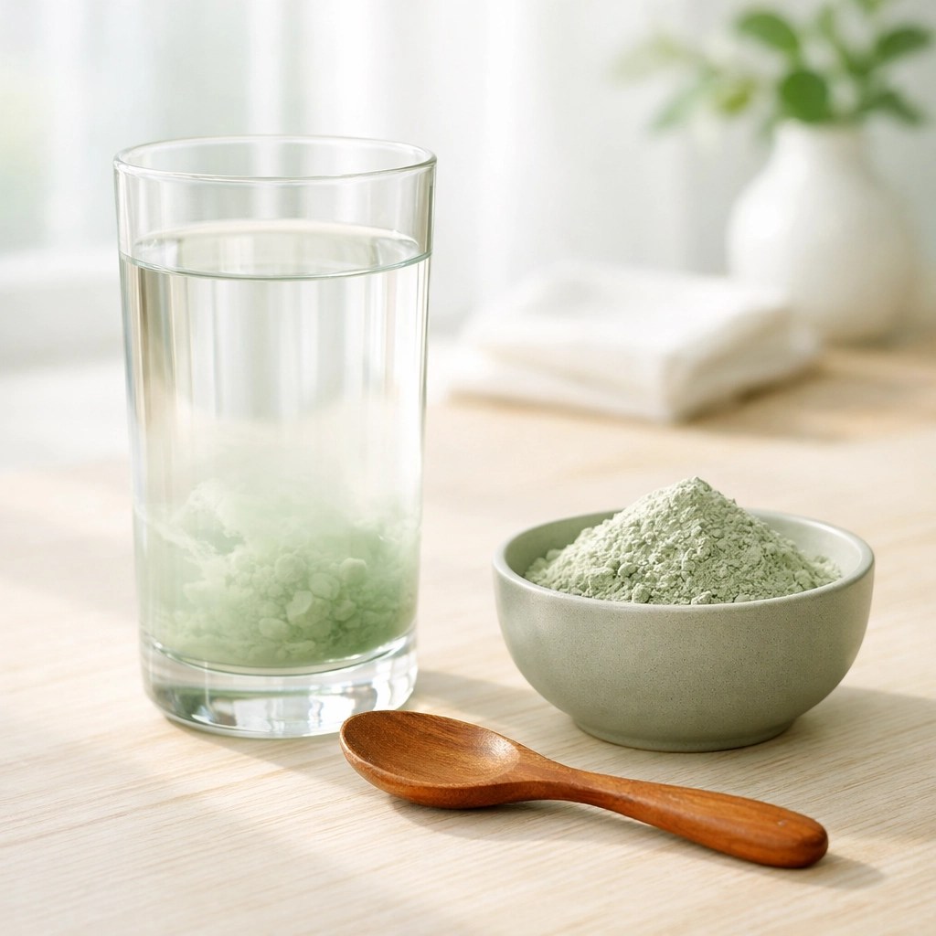 Preparing a clay detox drink with food grade clay and a wooden spoon as part of a daily natural healing ritual.