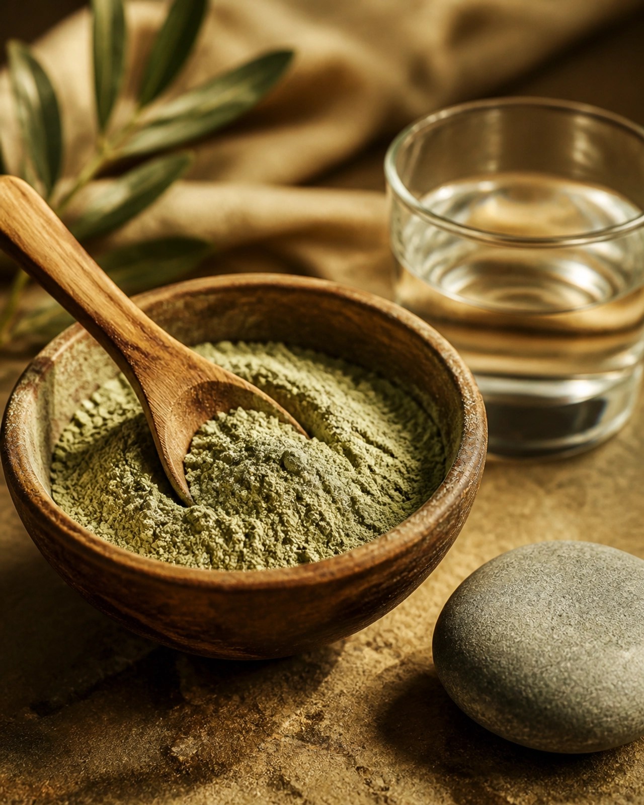 Natural green clay powder and wooden spoon