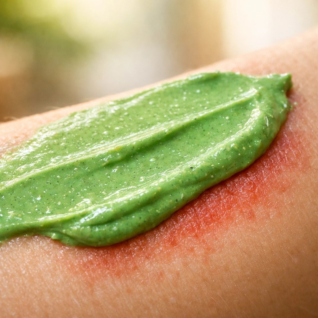 Soothing green clay paste applied to an itchy skin rash on a forearm for natural, fast-acting relief.