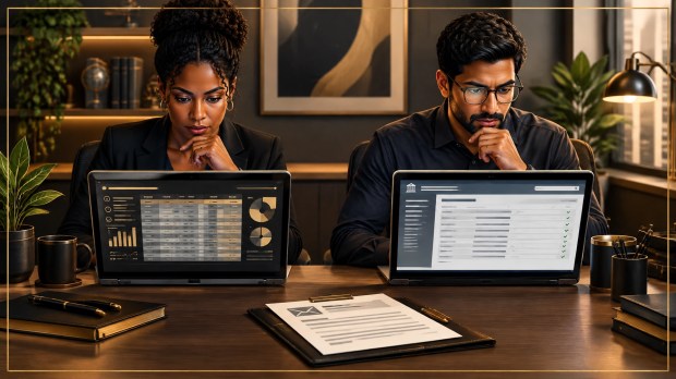A Black woman and South Asian man independently comparing investment records with a regulator database