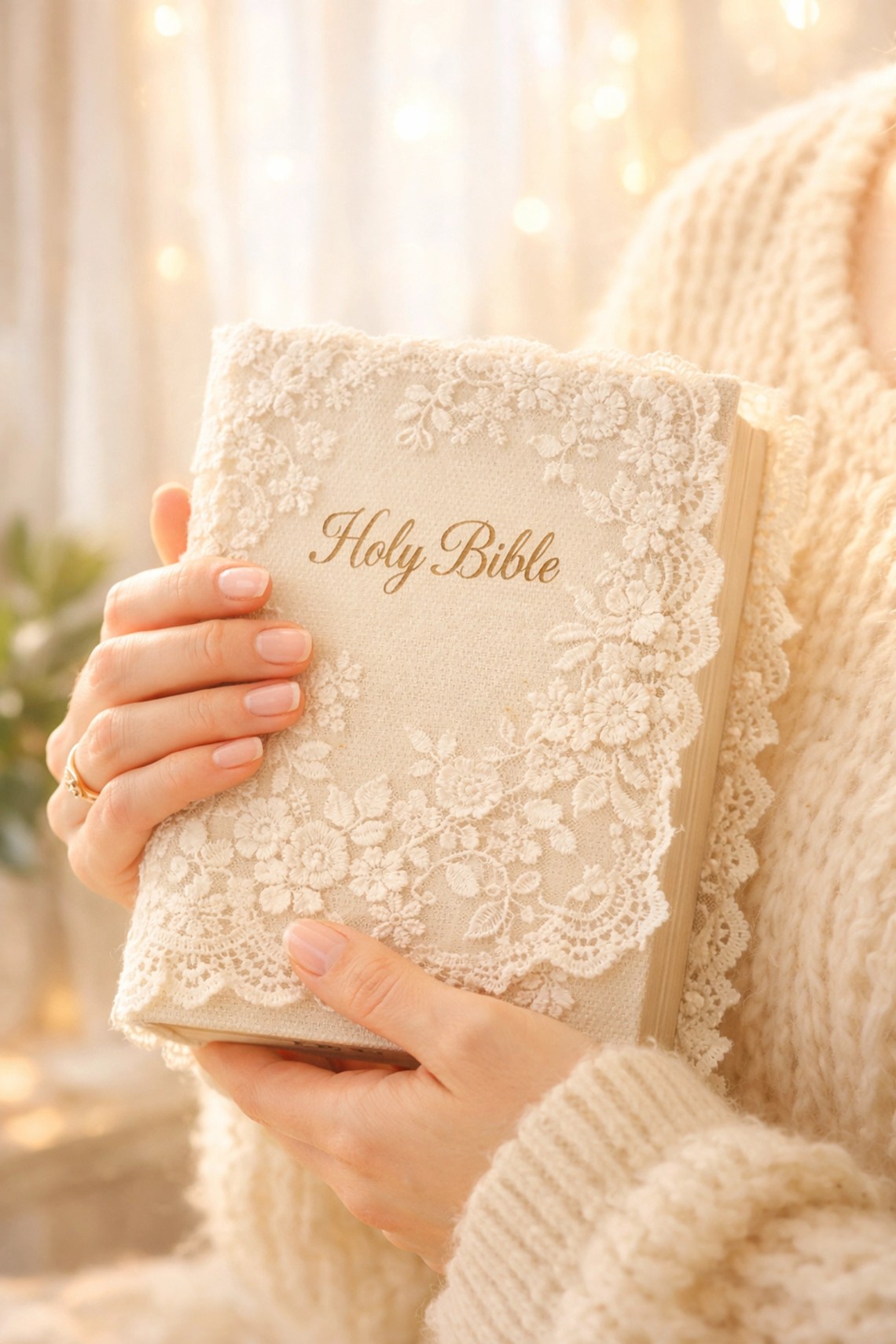 A woman holding a delicate lace Bible cover against a soft sweater, capturing a gentle spirit.
