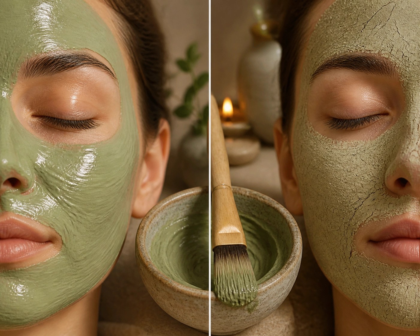 Close-up of a detoxifying green clay mask showing the texture transition from wet to dry on the skin.