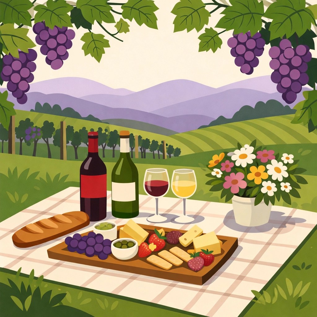 Romantic vineyard picnic setup with wine and gourmet food in Northern Virginia