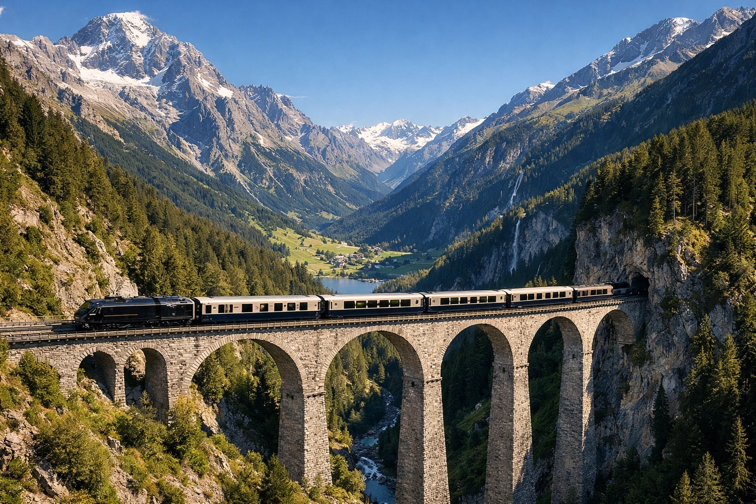 Luxury train crossing a Swiss viaduct with panoramic alpine views