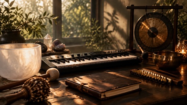 A keyboard, crystal bowl, gong, and journal arranged for a Friday-morning soundscape journey