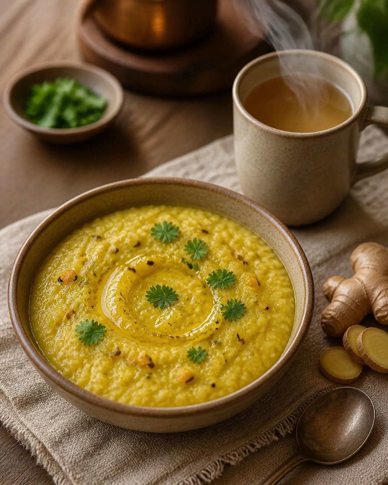 A warm, grounding bowl of khichdi with ghee and cilantro, accompanied by a mug of steaming ginger tea.