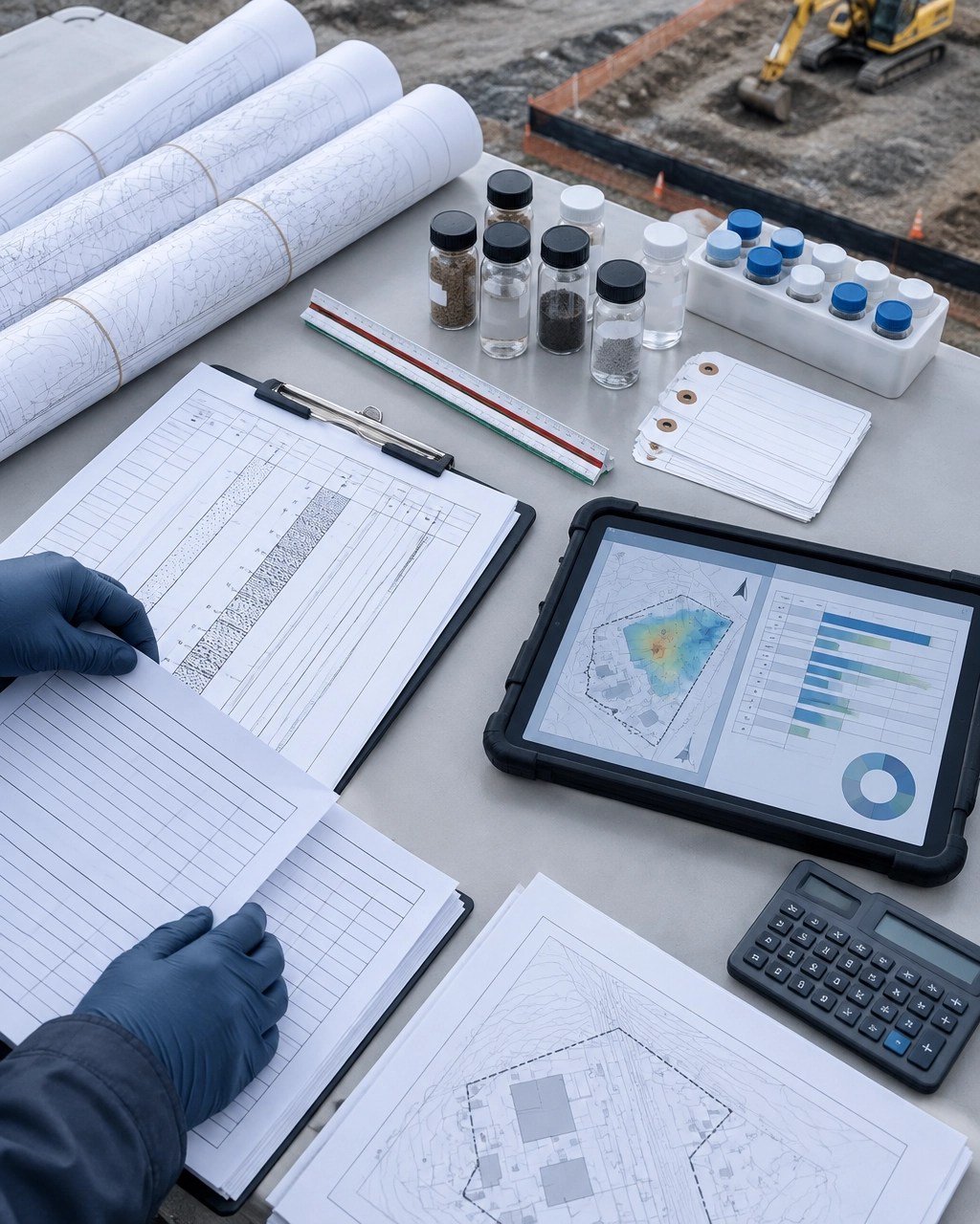 Environmental cost documentation workspace with engineering plans, sampling records, and an abstract cost schedule