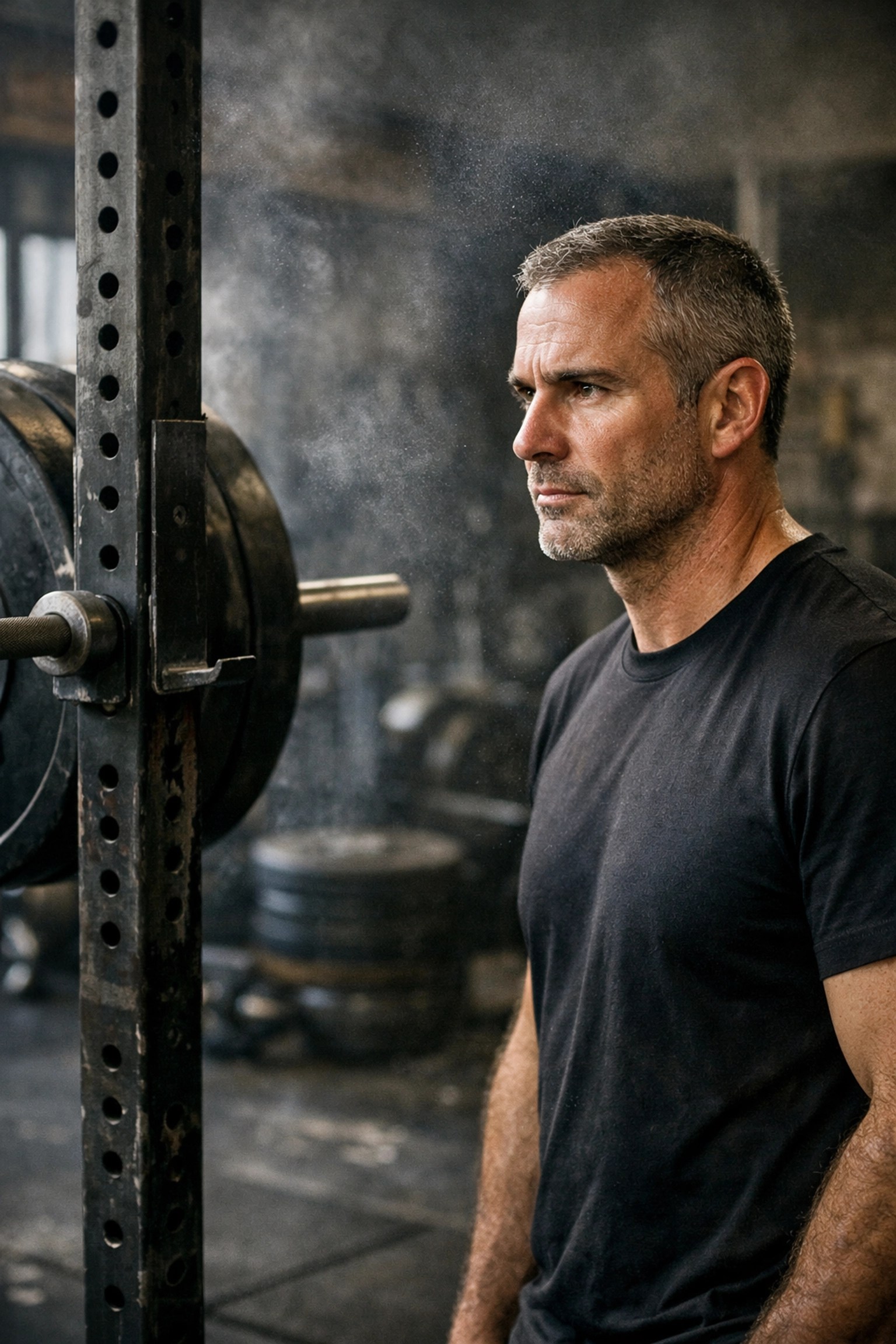 Sports recovery consultant Tibs Parise in a gym setting, illustrating the gritty journey of athletic progress.