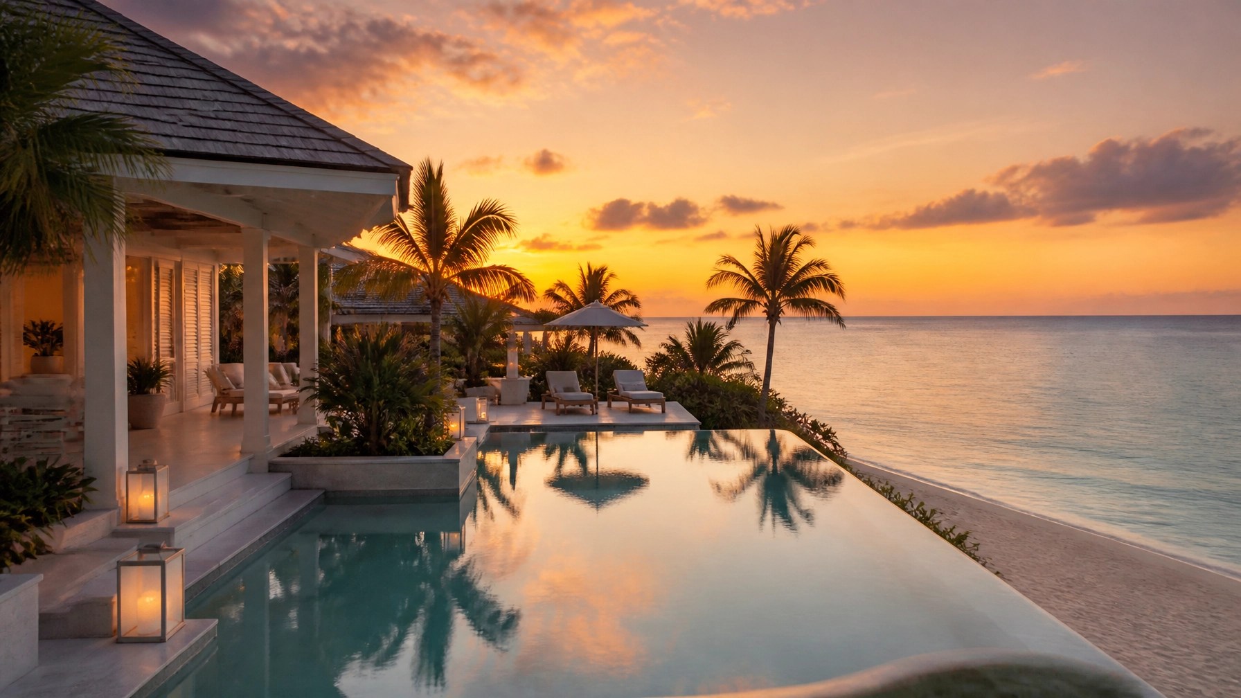 Elegant beachfront luxury resort glowing at sunset on Grace Bay in Providenciales