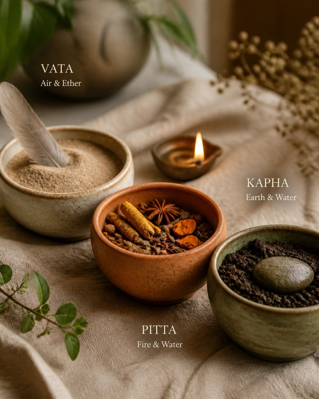 An artistic representation of the three doshas through symbolic elements: air, fire, and earth.