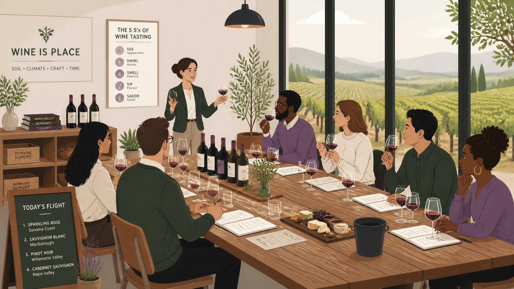 A group of corporate professionals enjoying a refined, educational wine tasting experience at a long wooden table