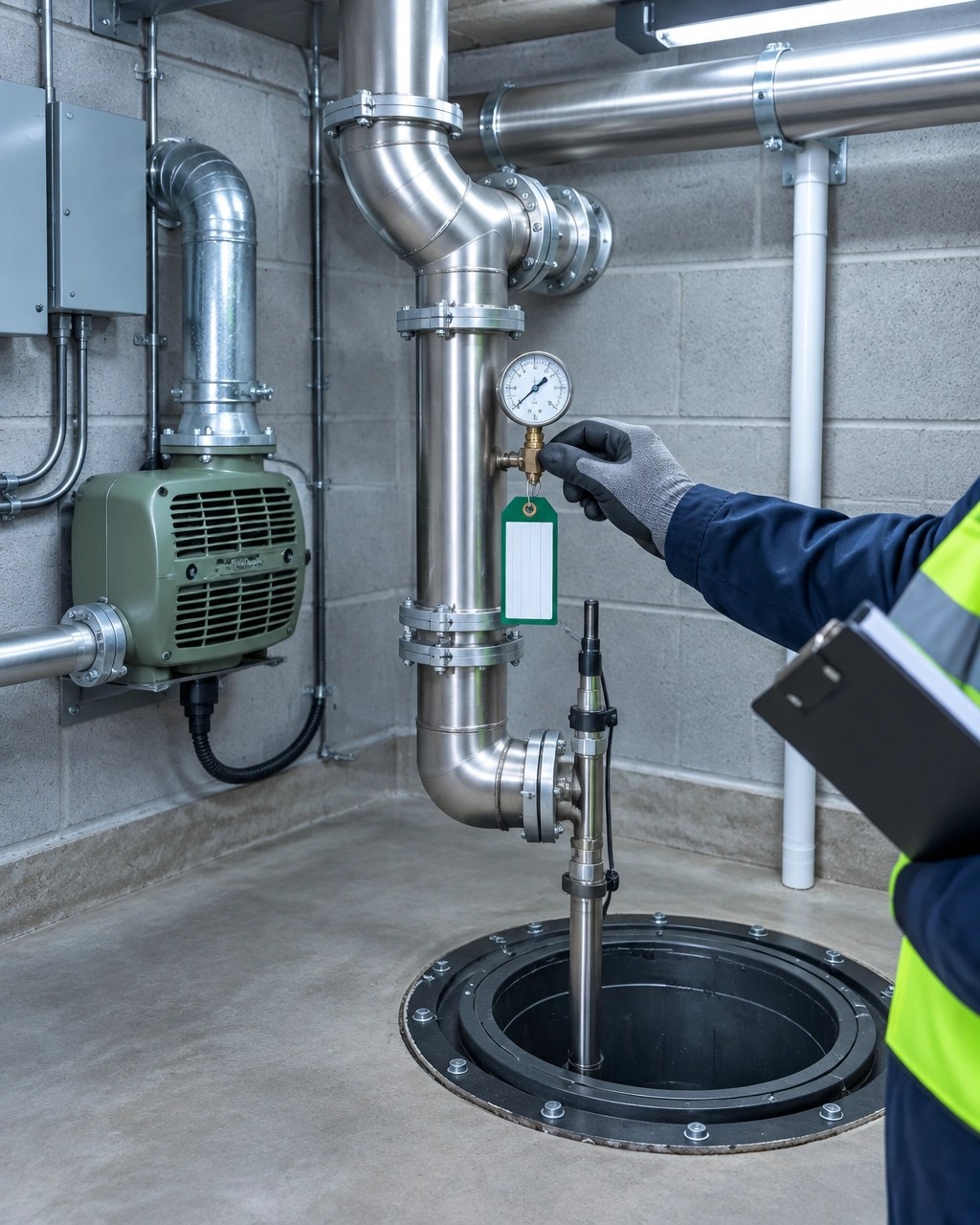 Sub-slab depressurization equipment being inspected as part of post-remediation site management