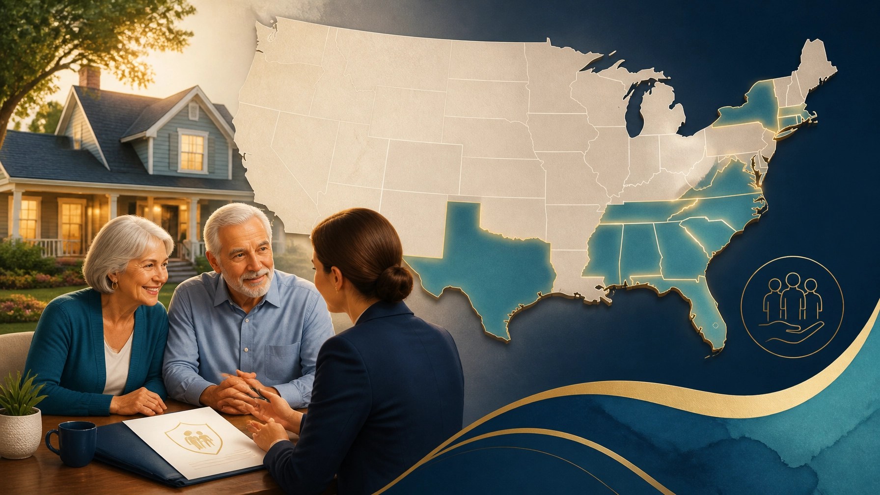 Abstract illustration of families across multiple regions planning for financial protection
