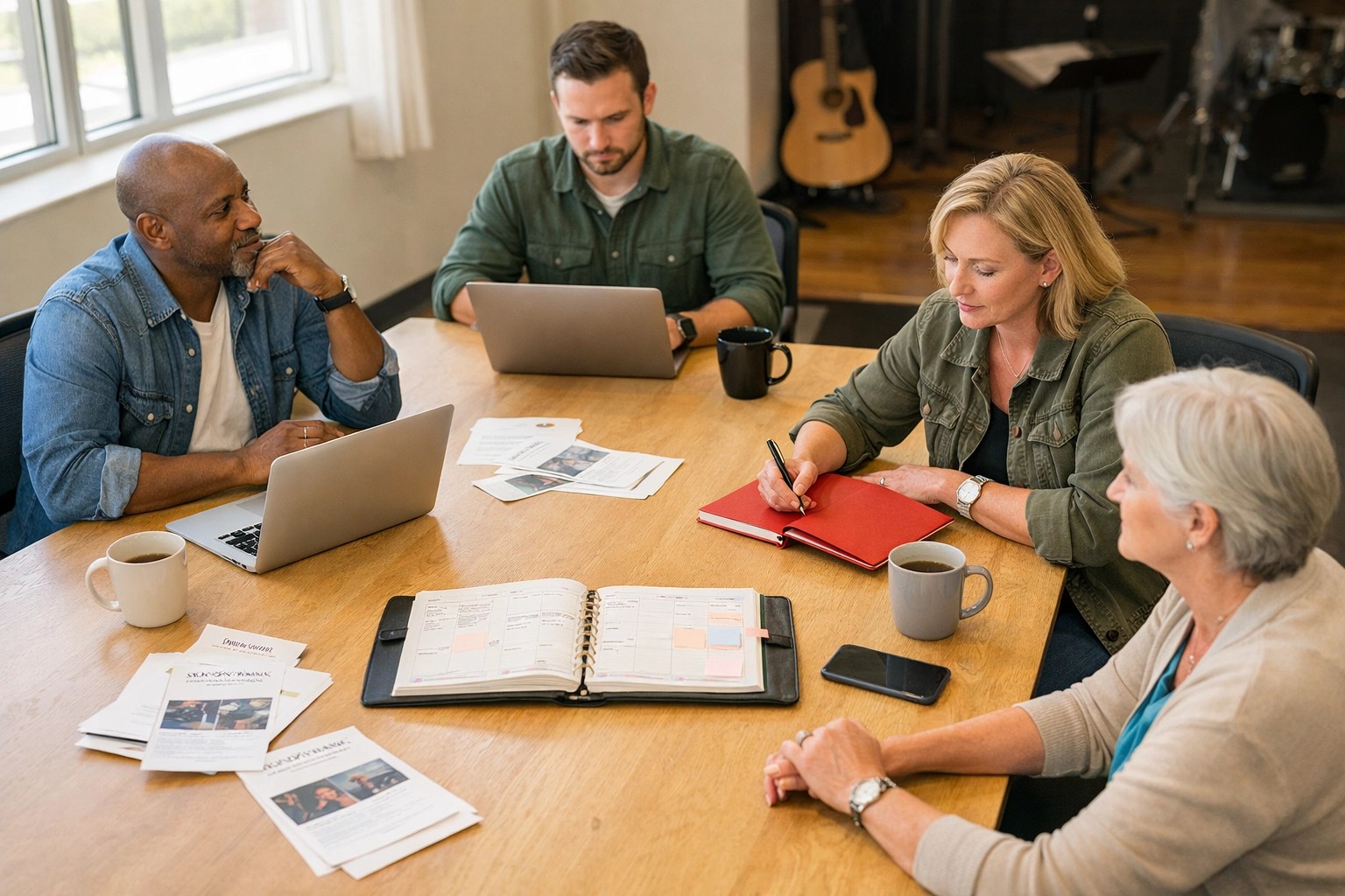 Ministry leaders planning church operations and leadership rhythms in a modern church office.
