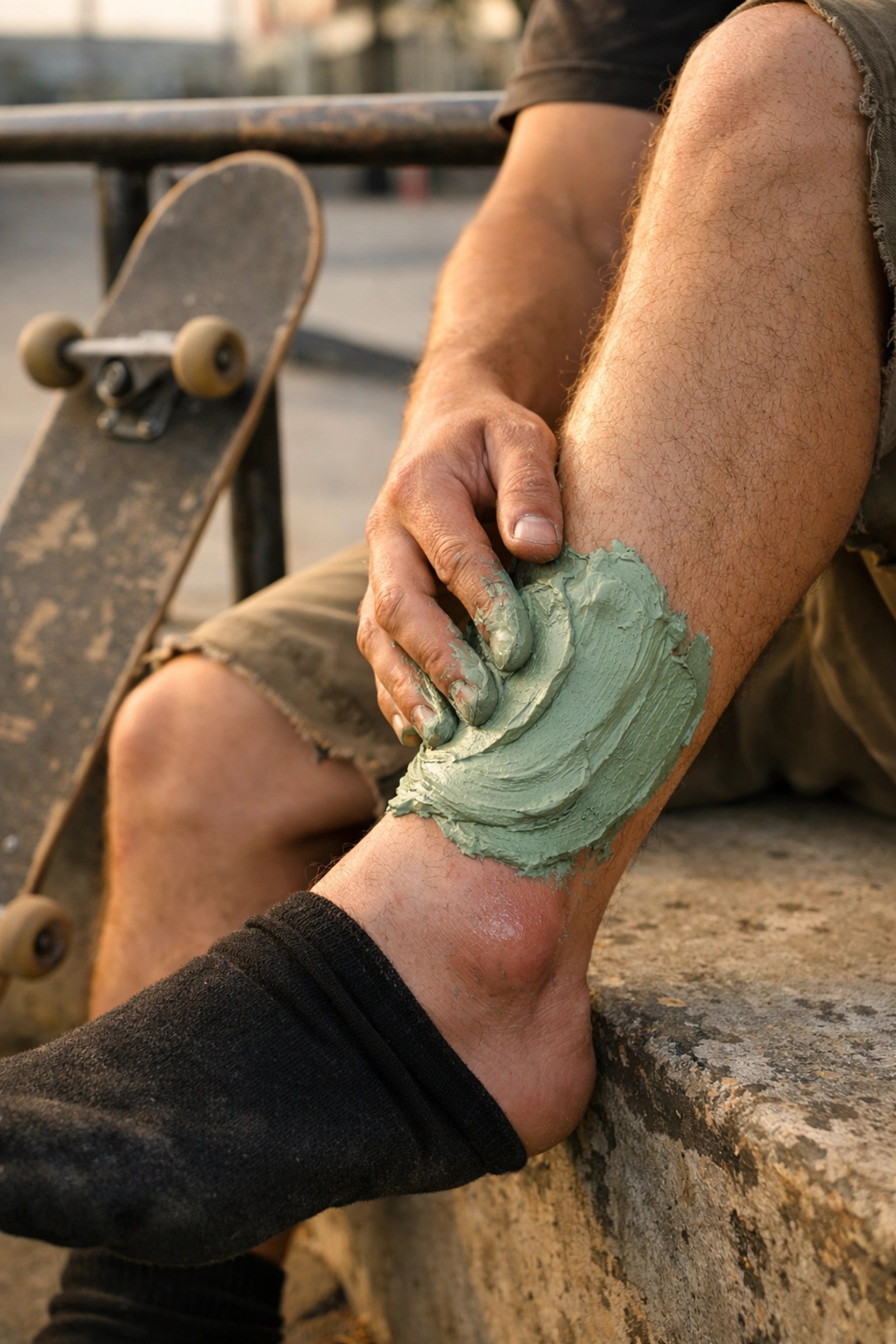 Skateboarder applying natural green clay to a swollen ankle for injury recovery at a skate park.
