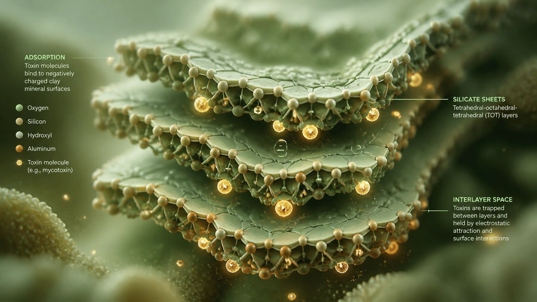 Abstract visualization of clay particles capturing toxins