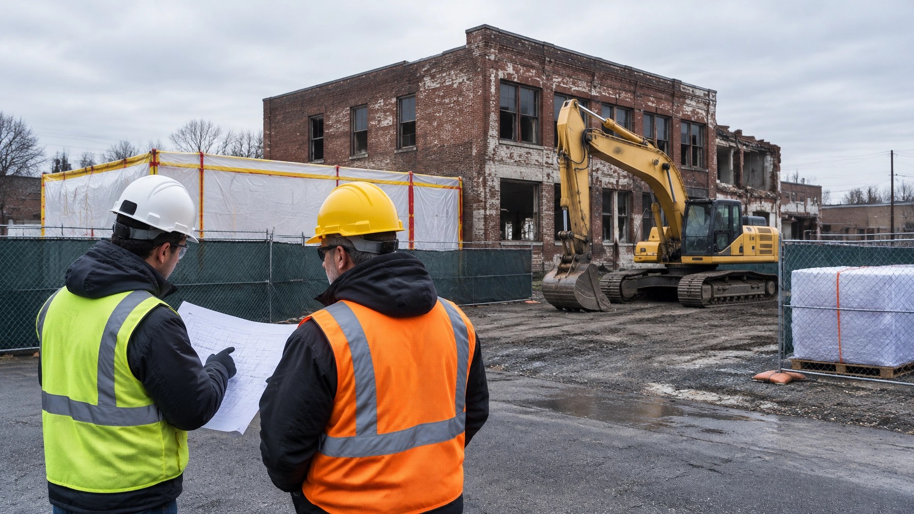 Idle excavator and project team reviewing plans before demolition at a New Jersey commercial site