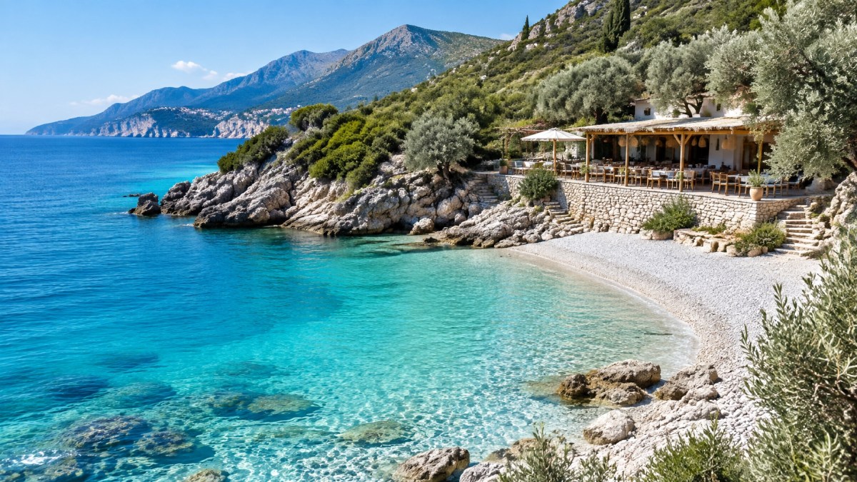 Secluded turquoise cove near Himarë and Dhërmi on Albania’s Ionian coast