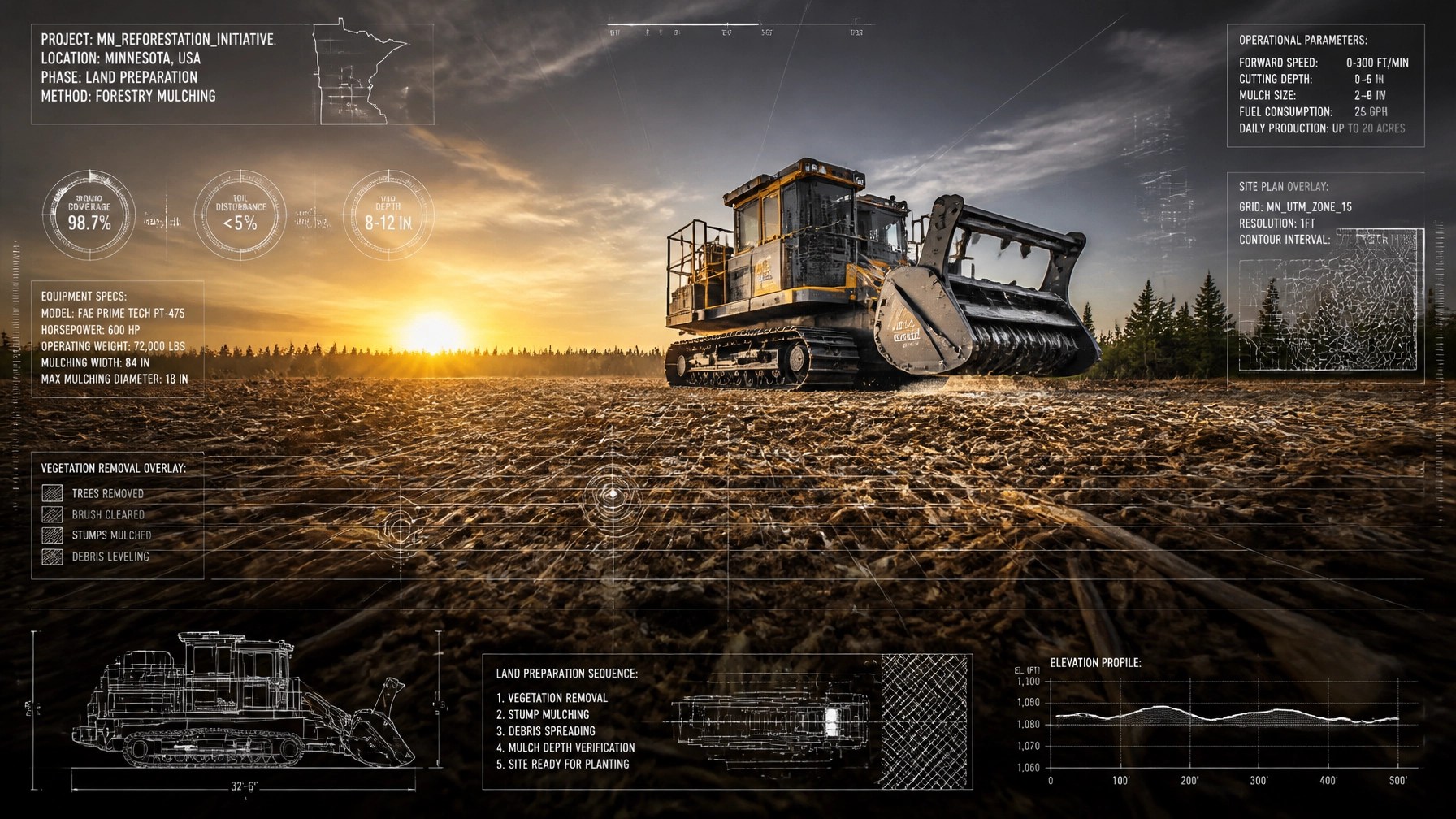 Wide-angle perspective of a mulched Minnesota field ready for planting with a CAD blueprint overlay.