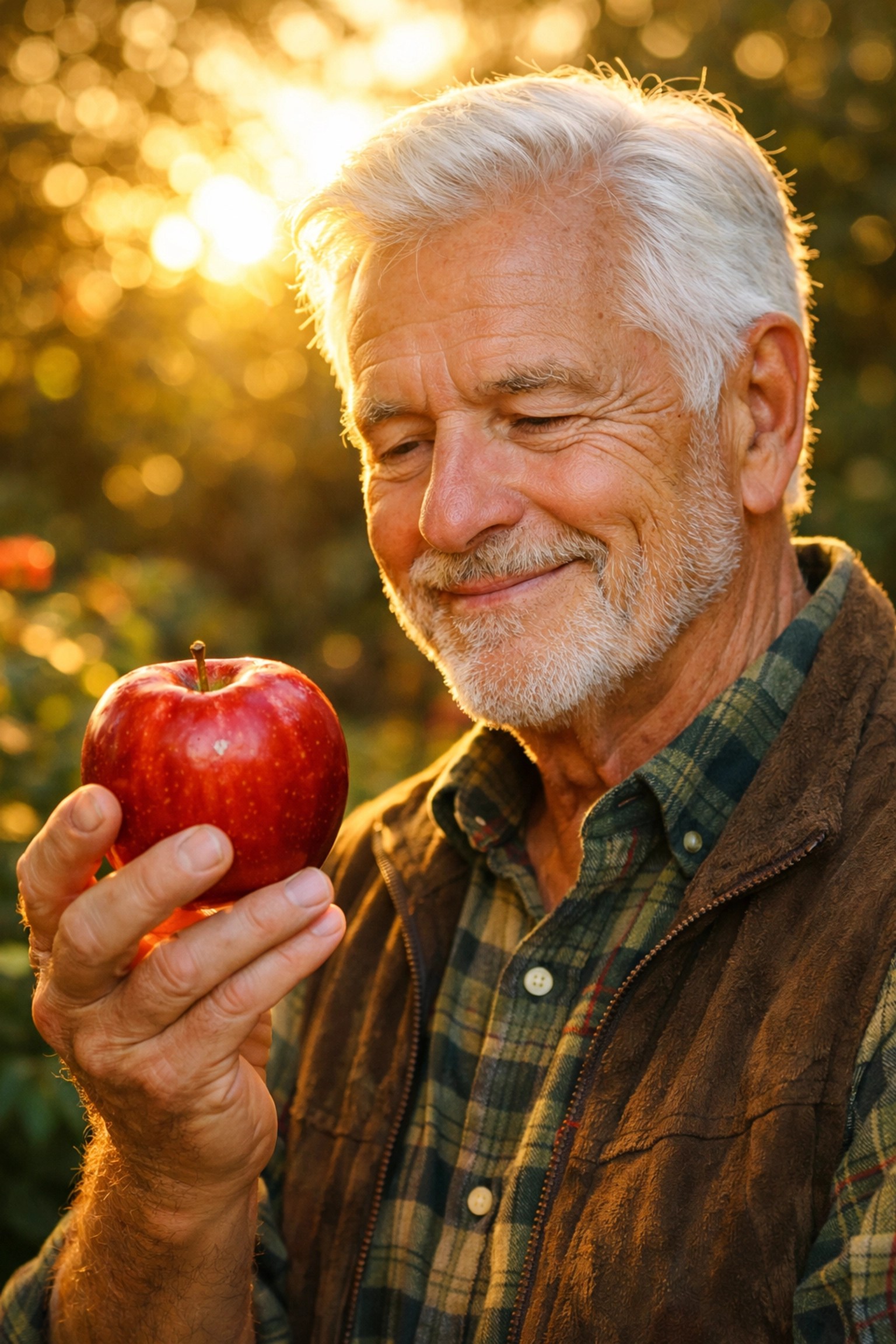A senior man smiling while eating a fresh apple, highlighting the benefits of affordable senior health insurance.