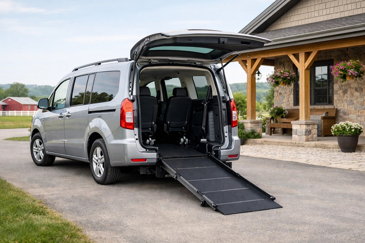 Wheelchair-accessible NEMT van with a deployed ramp providing door-to-door medical transport in a rural area.
