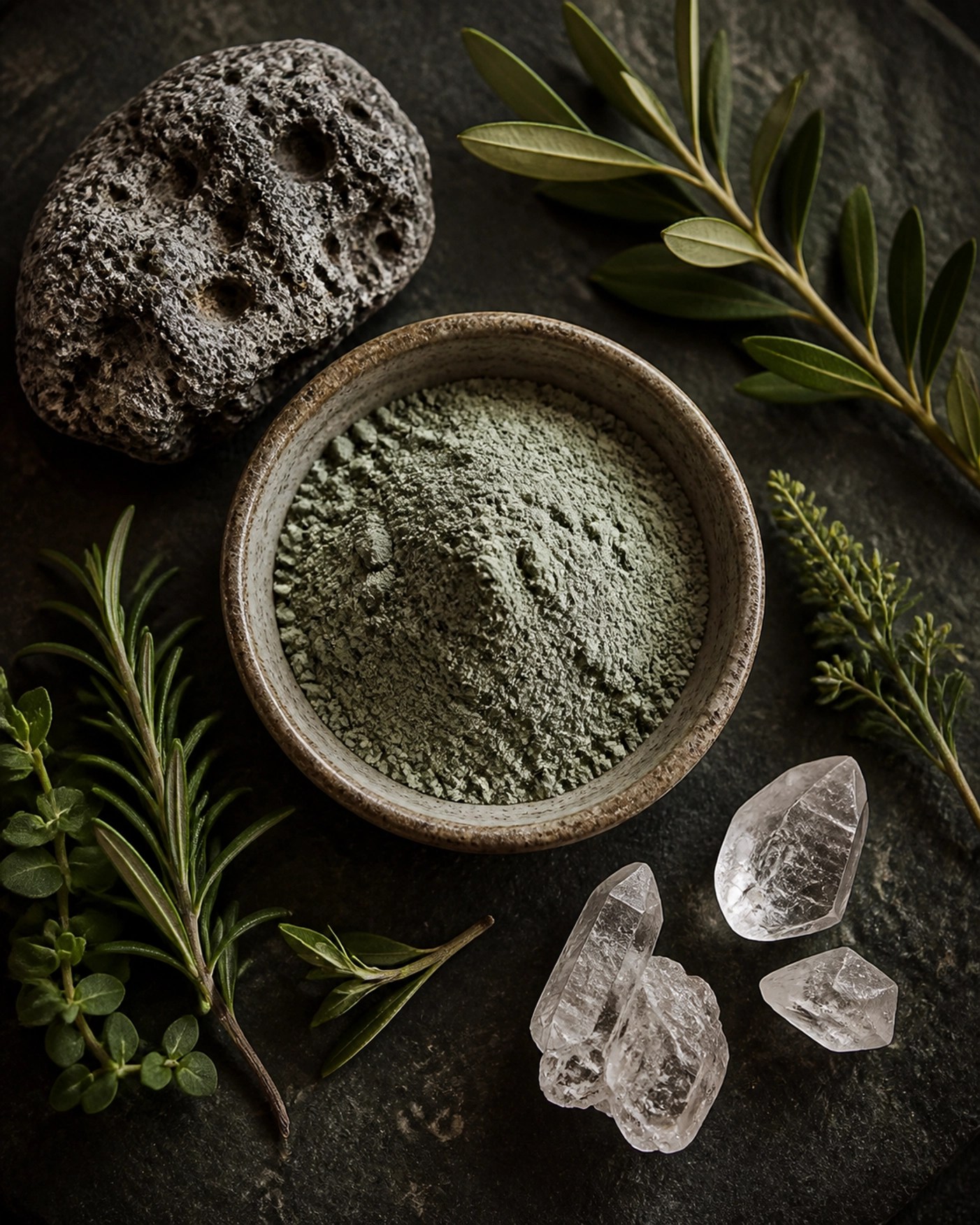 Natural French green clay powder in a bowl surrounded by volcanic rocks and healing minerals.