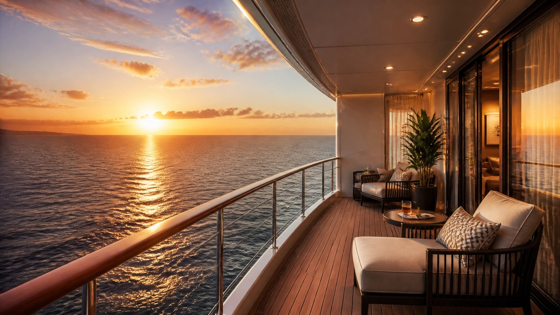 A luxurious cruise ship balcony overlooking the open ocean at sunset