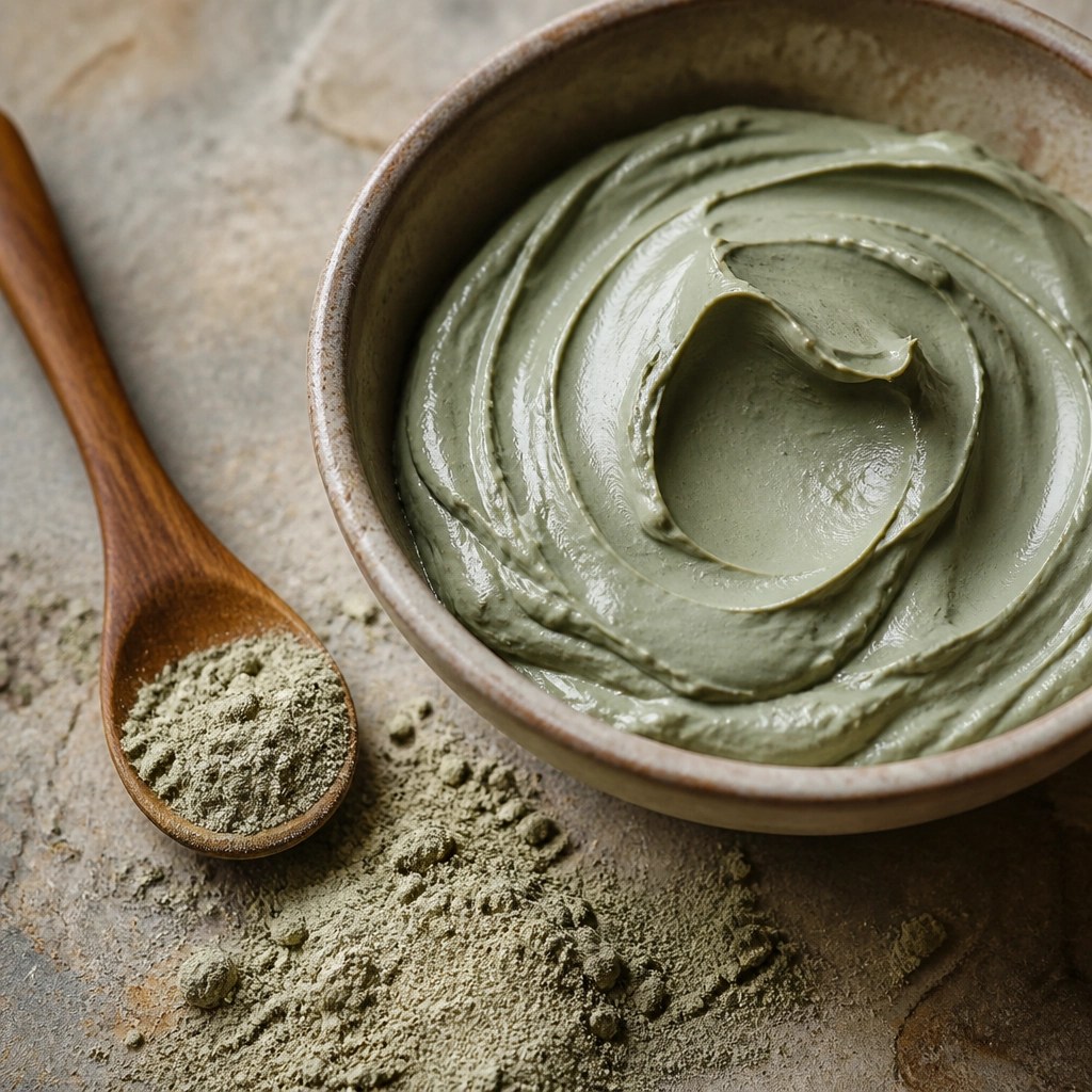 Close up of smooth, mineral-rich French green clay paste.