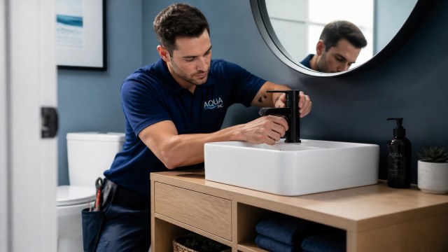 Aqua Inc. plumbing technician installing a bathroom sink
