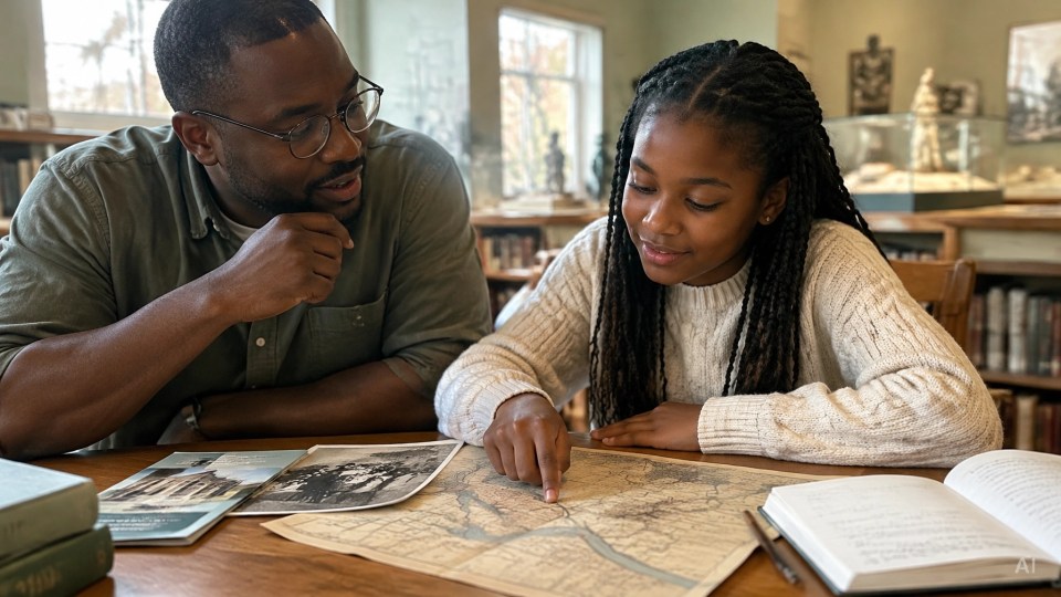 Black history curriculum: a Black father and daughter study a map and historical photographs together at a library table.