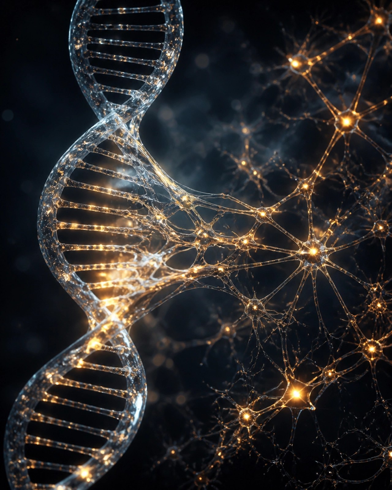 DNA strand transforming into a golden neural network, representing neuroplasticity.