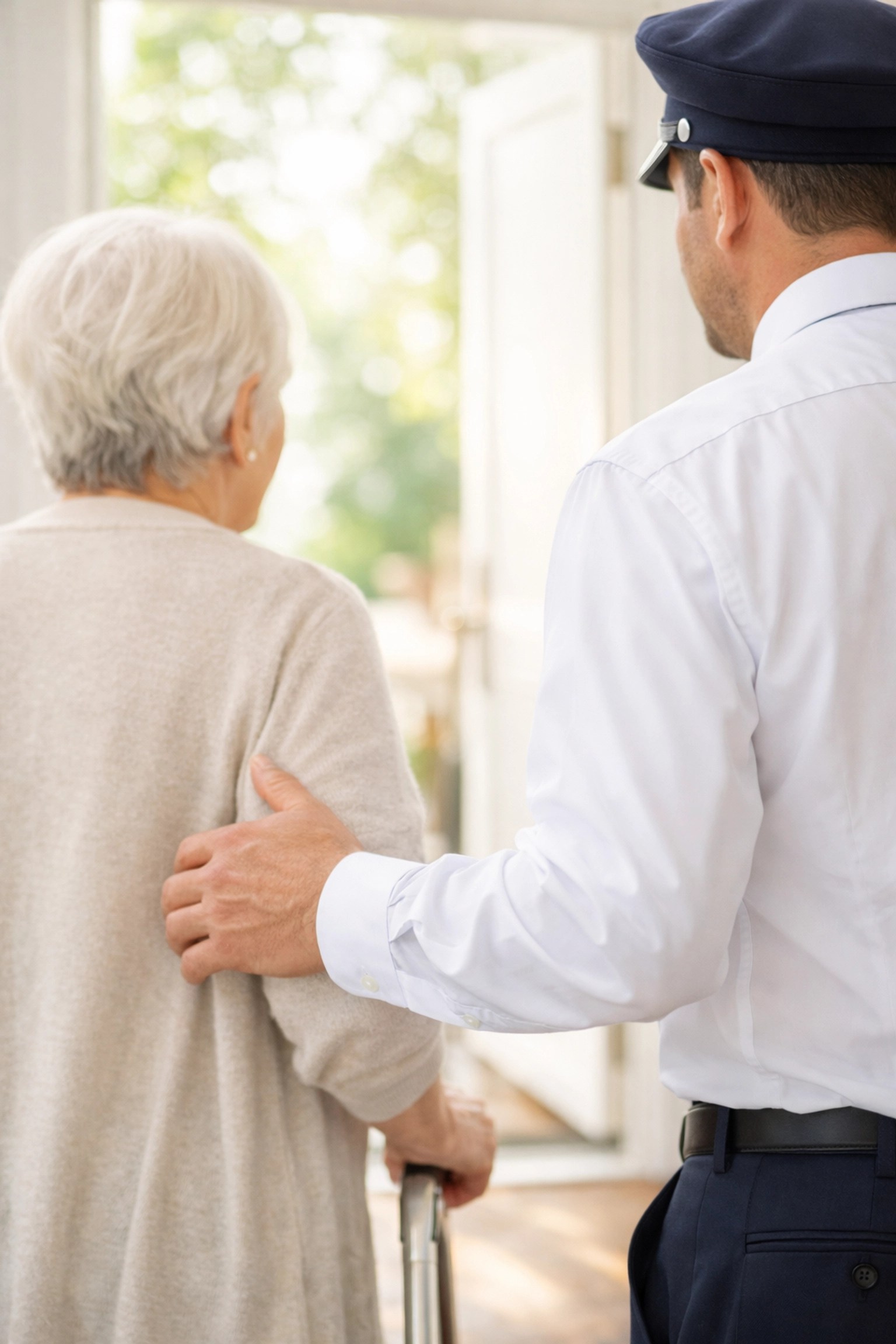 A professional driver assisting a patient at a home entrance for door-to-door medical transport.