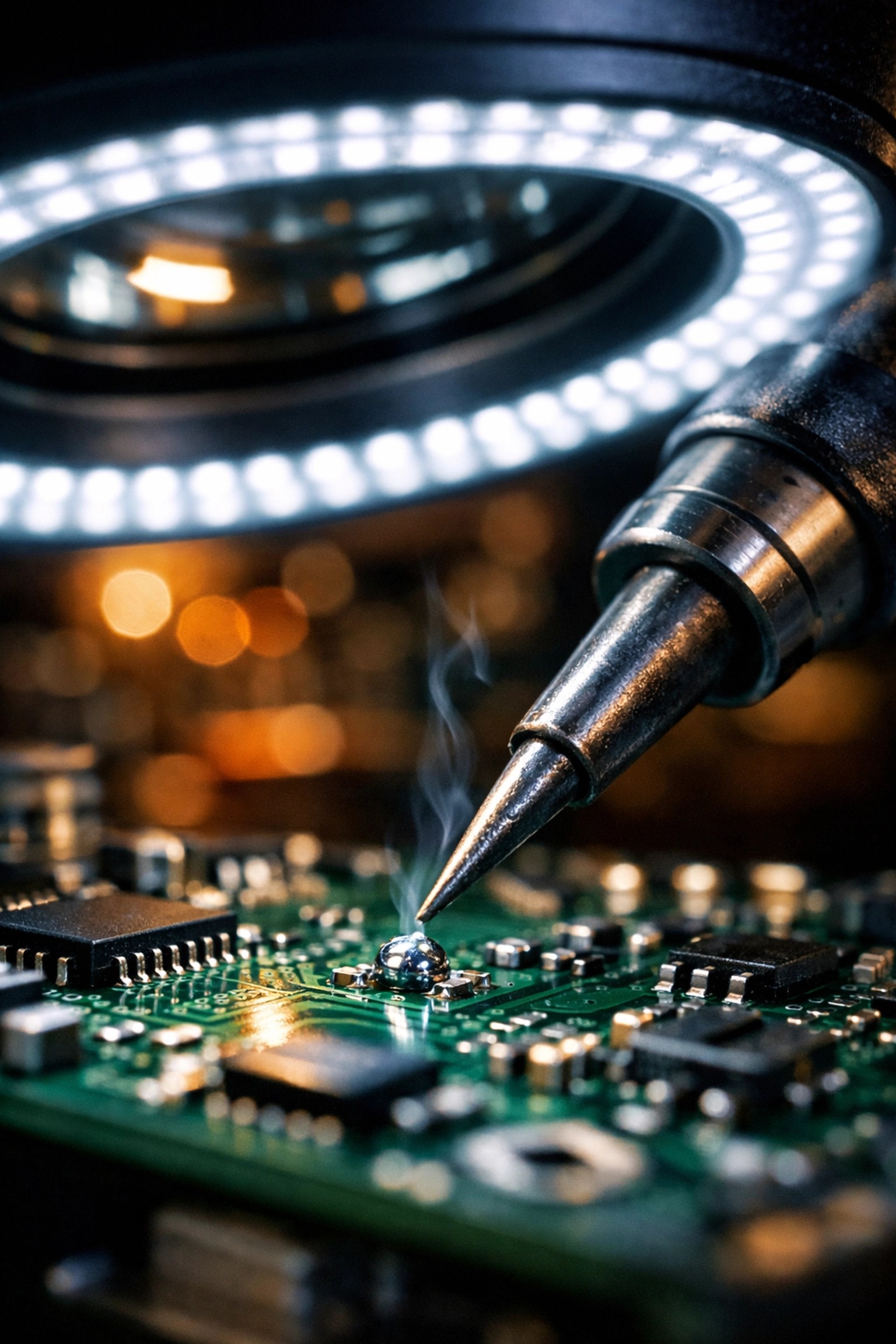 Precision micro-soldering repair on a motherboard using an electronics microscope in our Raymond tech shop.