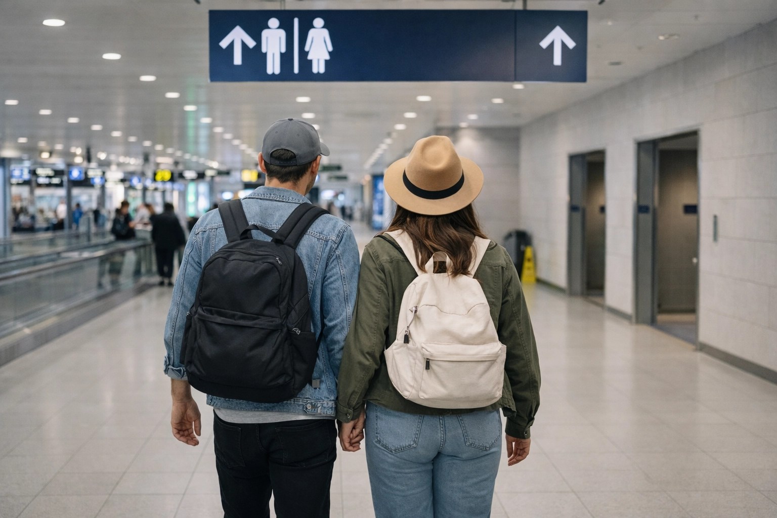 Travel safety tip: two travelers heading to the airport bathroom together