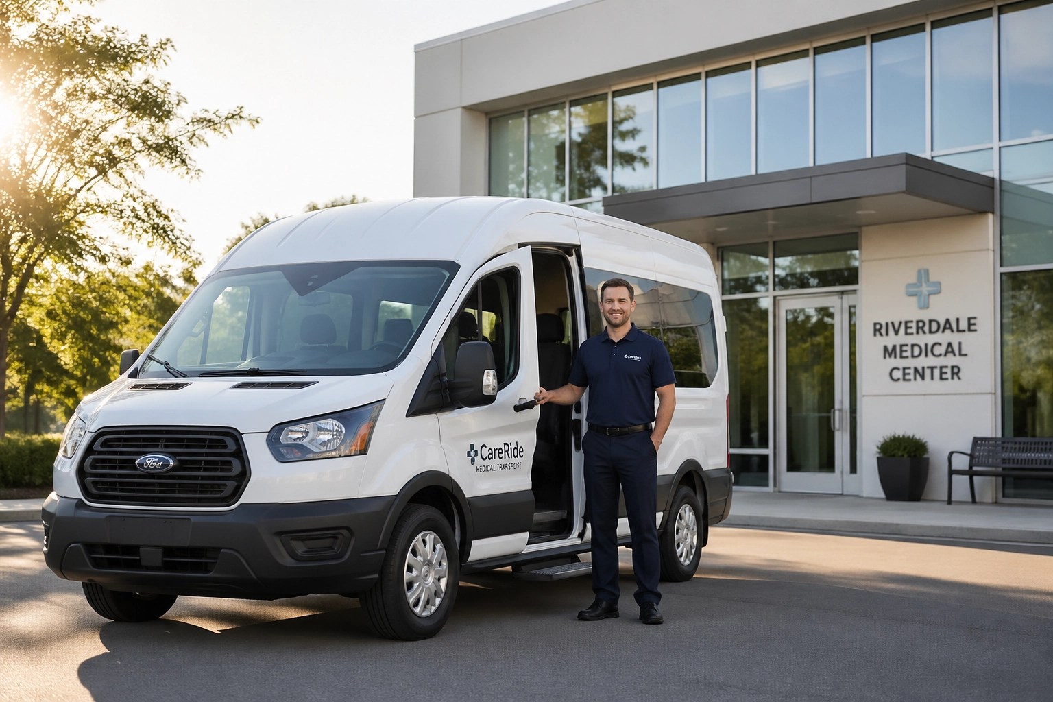 Professional NEMT driver standing by a white medical transport vehicle at a modern clinic.
