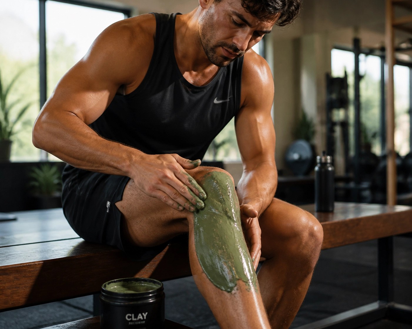Athlete applying healing green clay to their knee and calf for sports recovery and inflammation relief.