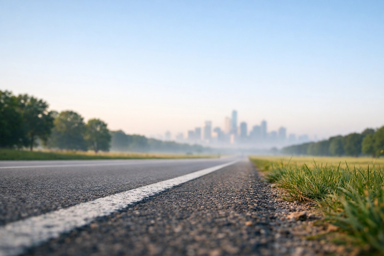 Highway route from rural countryside to city skyline for long-distance medical transportation.