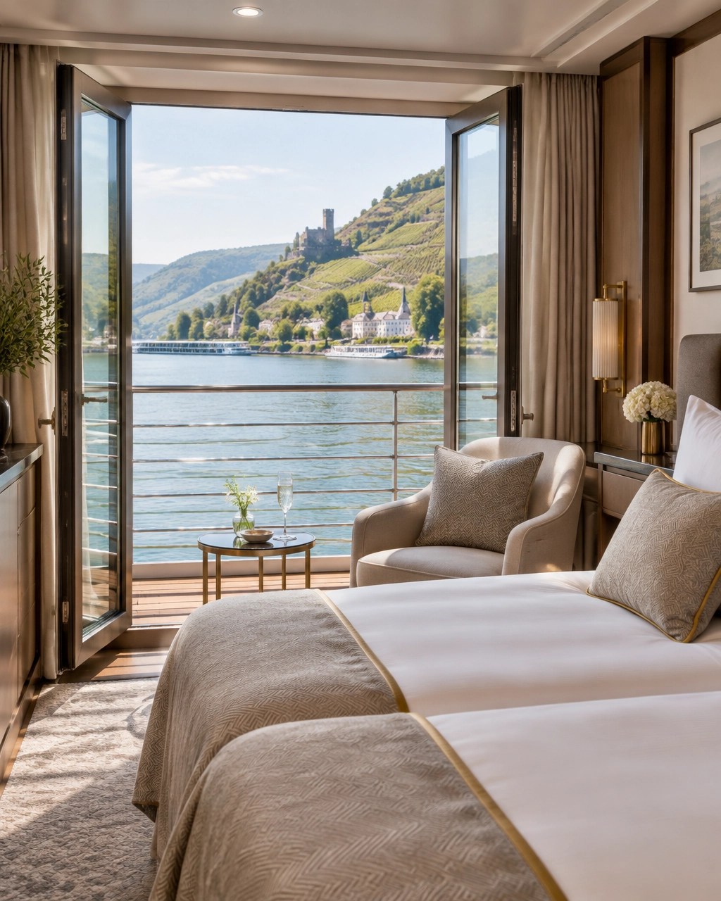 Serene boutique river cruise stateroom with open balcony doors overlooking the Rhine