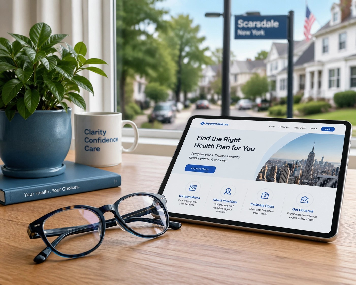 A tablet and glasses on a desk overlooking a New York street, symbolizing Medicare plan research and enrollment.