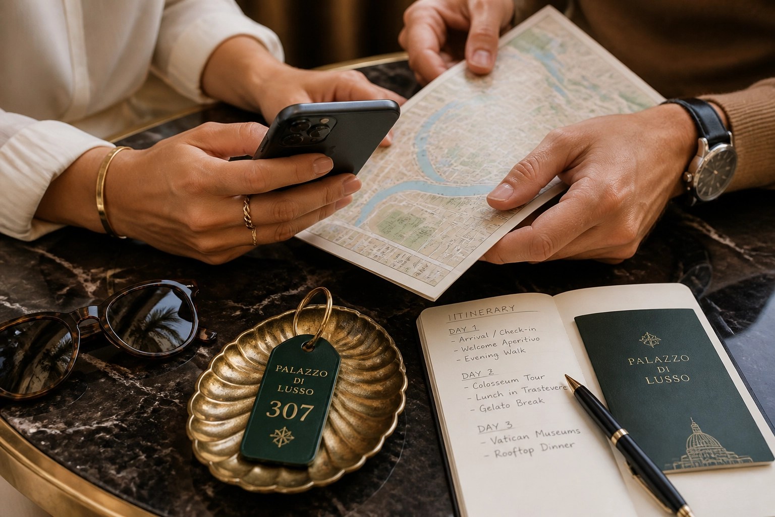 Travel companions checking a phone and map together without showing faces.