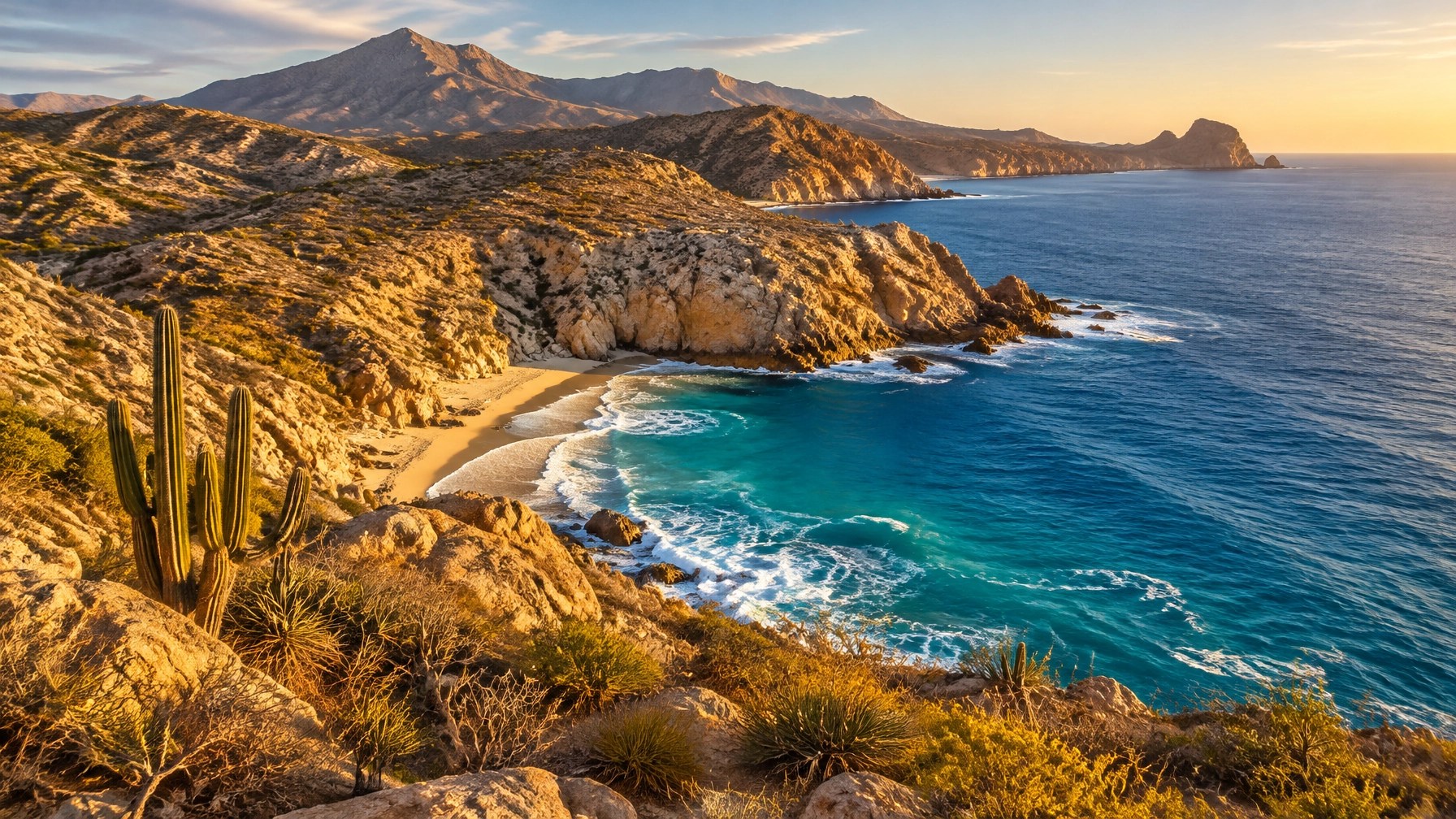 Golden Baja light falls across rugged desert hills and the deep-blue coastline