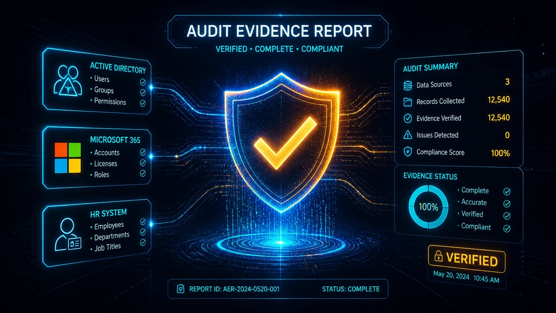 Holographic audit evidence shield representing secure, tamper-resistant compliance reporting