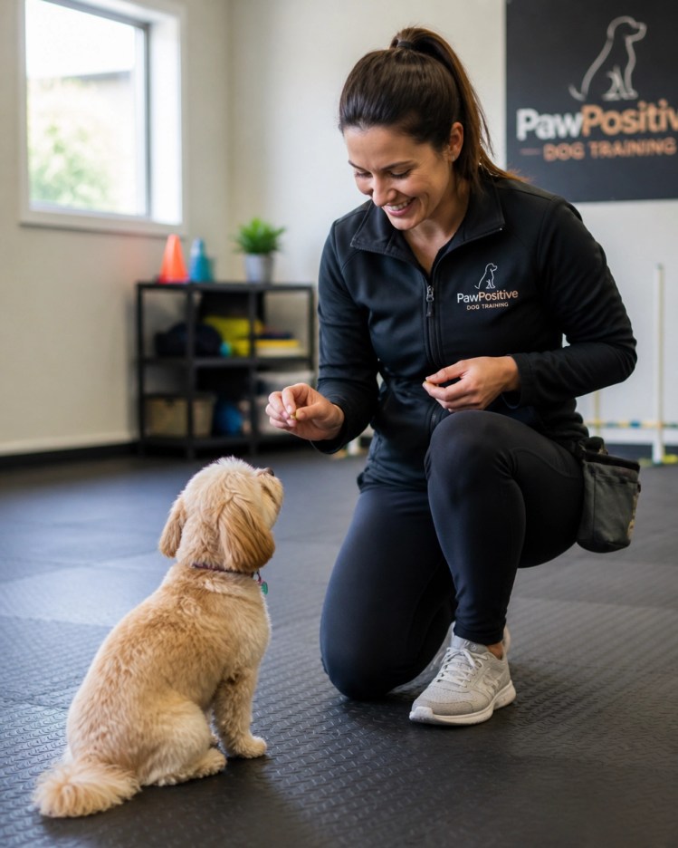 A professional dog trainer interacting gently with a small dog using positive reinforcement.
