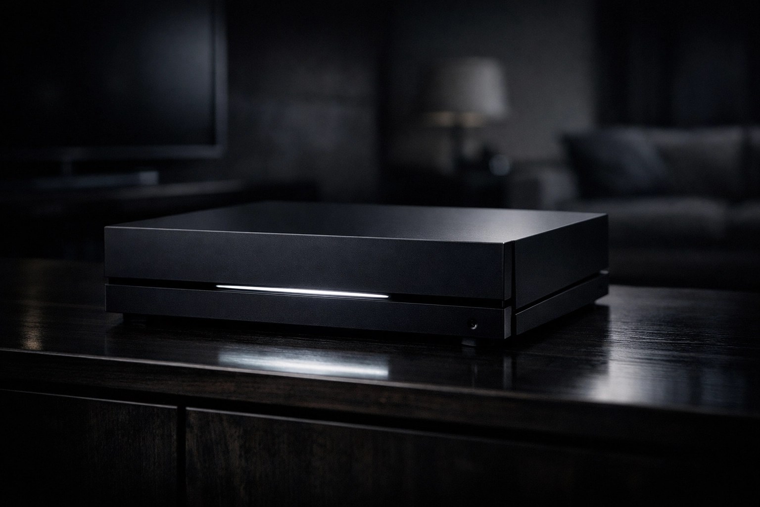 Premium Xbox Project Helix gaming hardware unit sitting on a dark wood home entertainment center.