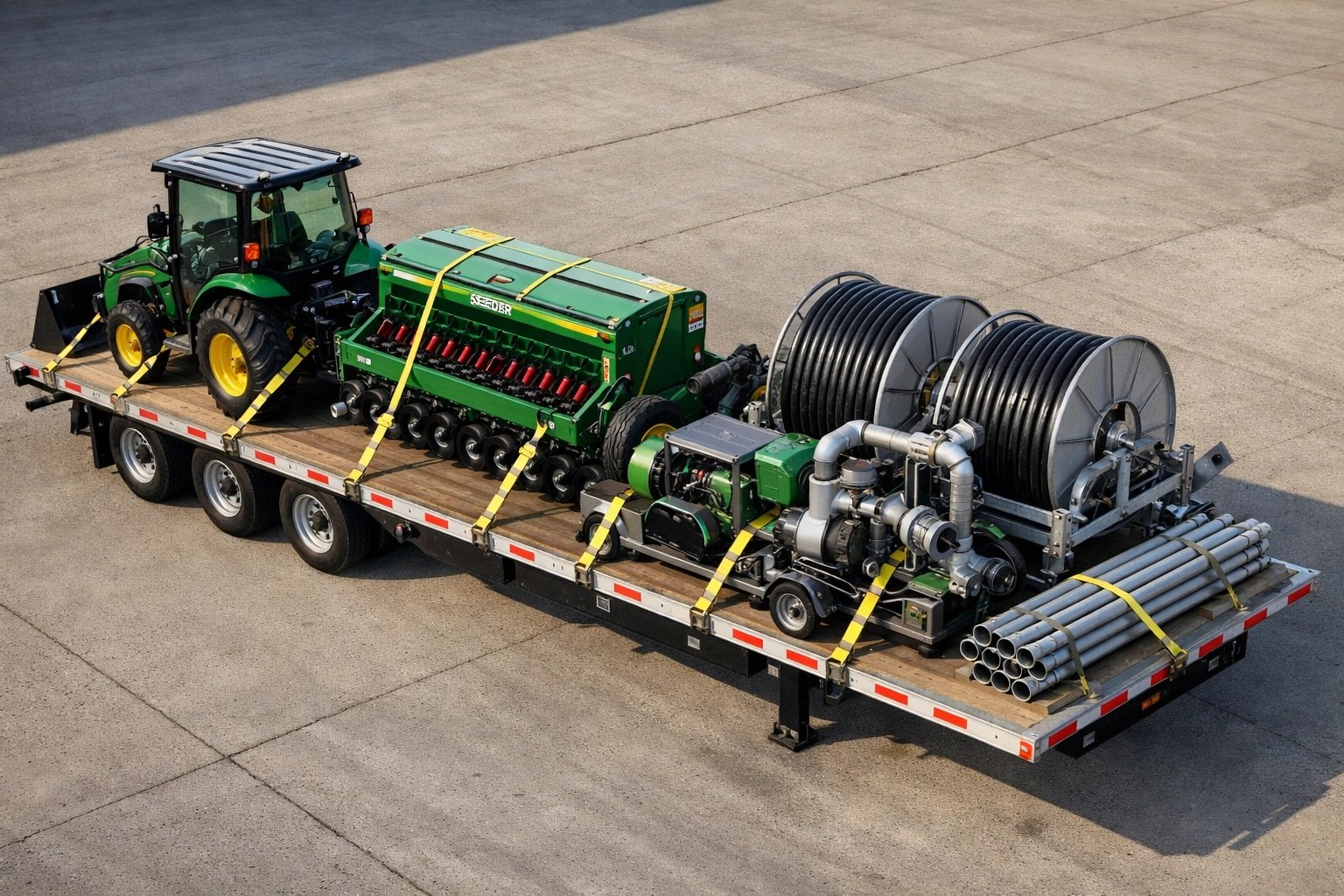Multiple agricultural equipment pieces consolidated on single flatbed trailer