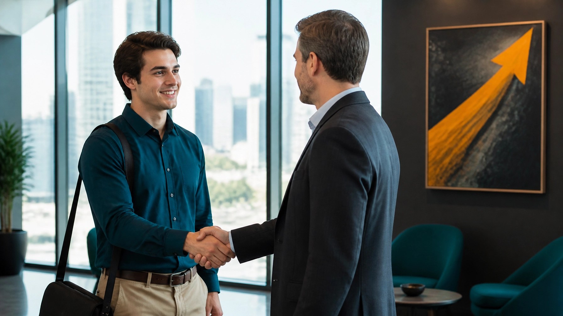 A young professional shaking hands with a mentor in a modern office