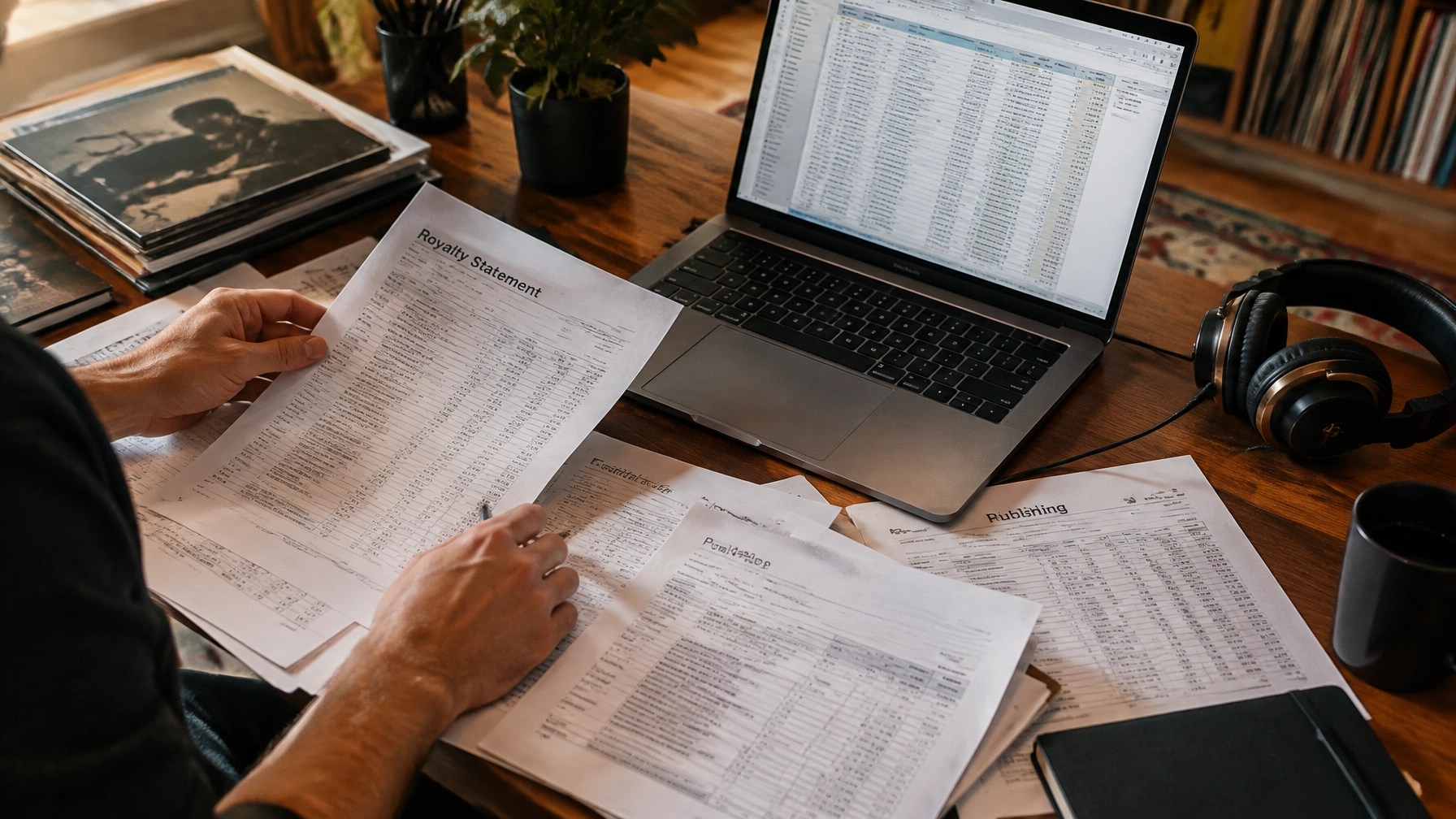 Music administration workspace with royalty statements, publishing documents, and a laptop comparing metadata